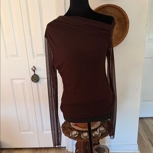 Women's One-Shoulder Long-Sleeve Mesh Top - Brown
